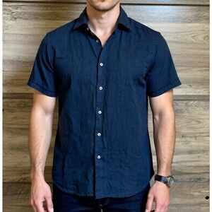 Porter & Ash S Navy Blue Short Sleeve Button Down Linen Shirt Preppy Boardwalk